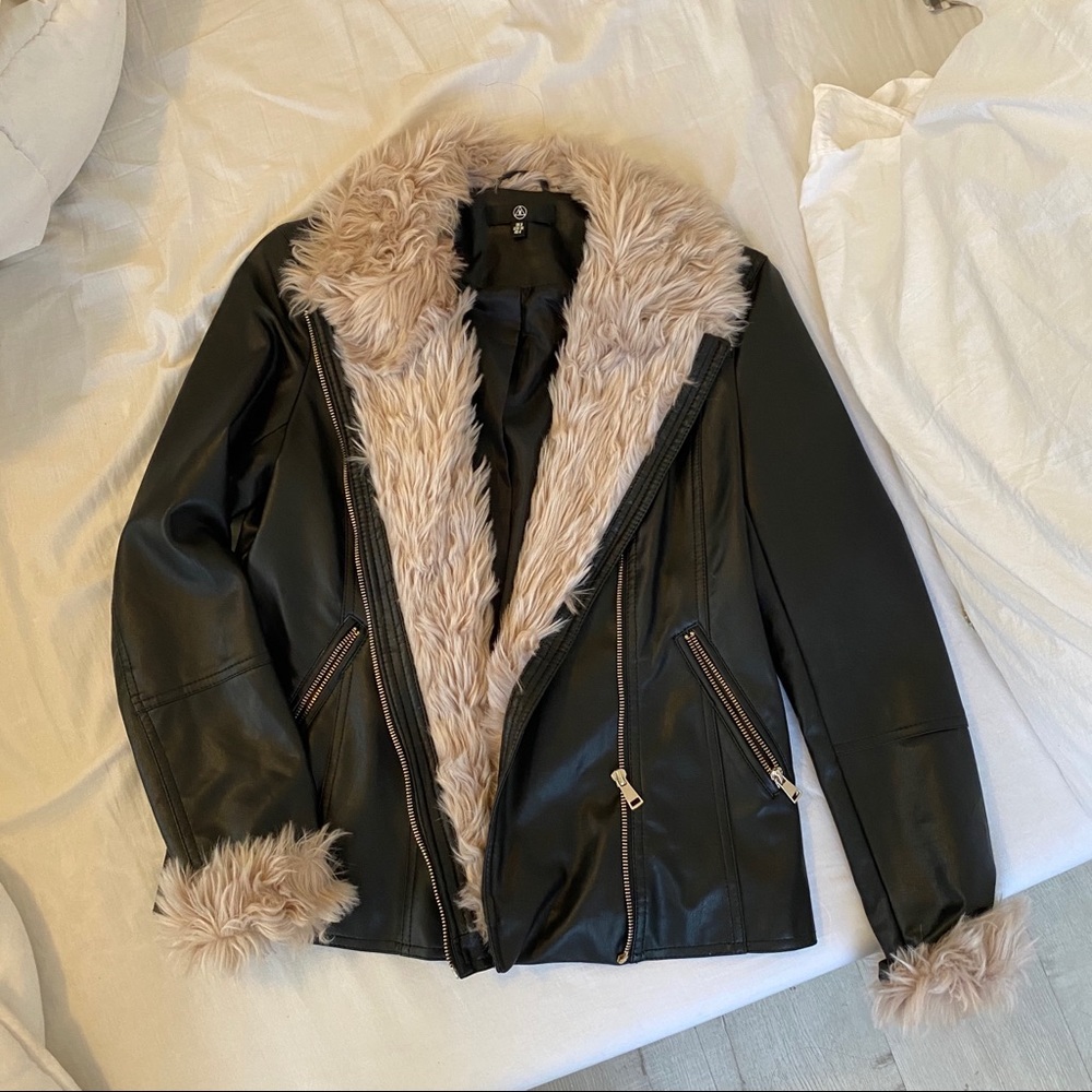 MISSGUIDED faux black leather fur jacket